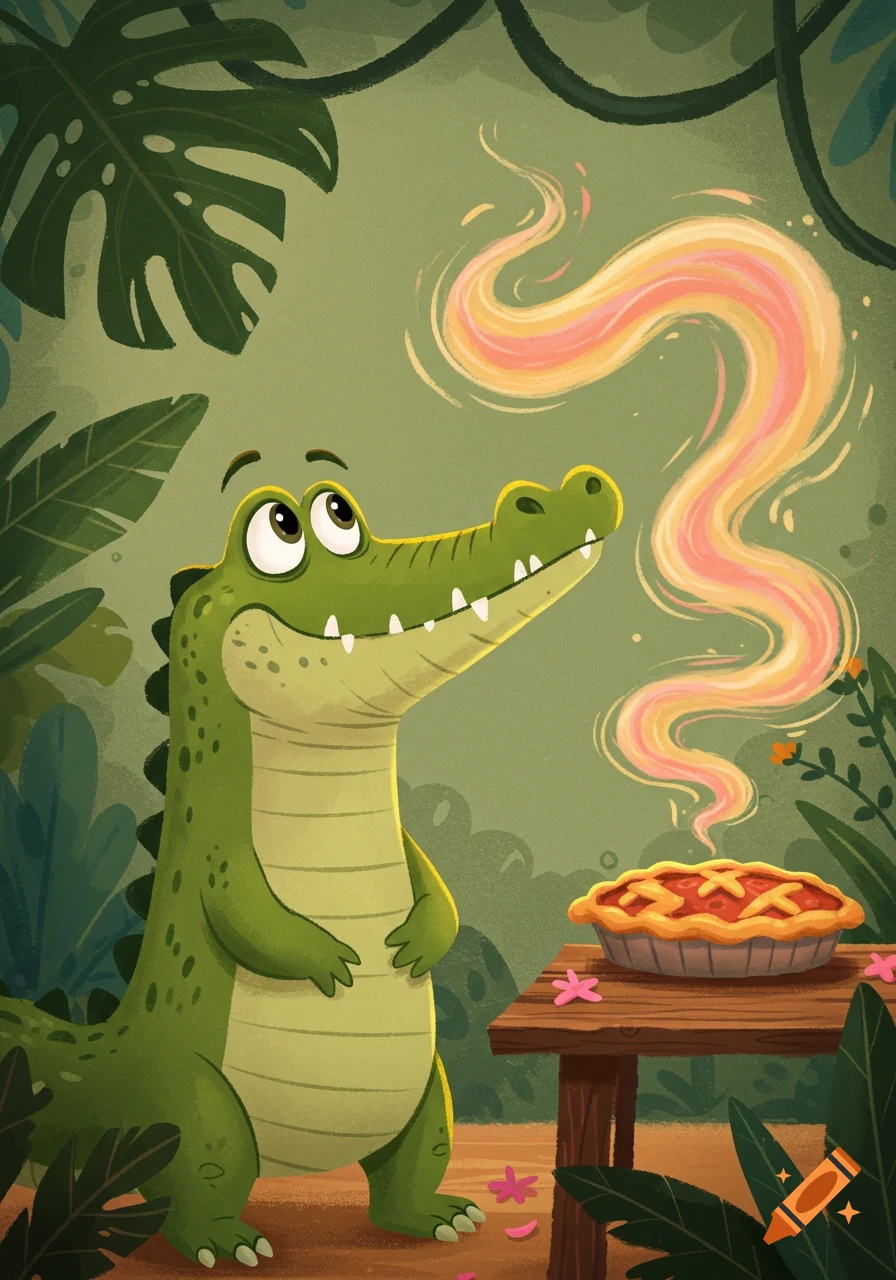 A happy cartoon crocodile stands in a jungle, looking up at the delicious steam rising from a pie on a wooden table.