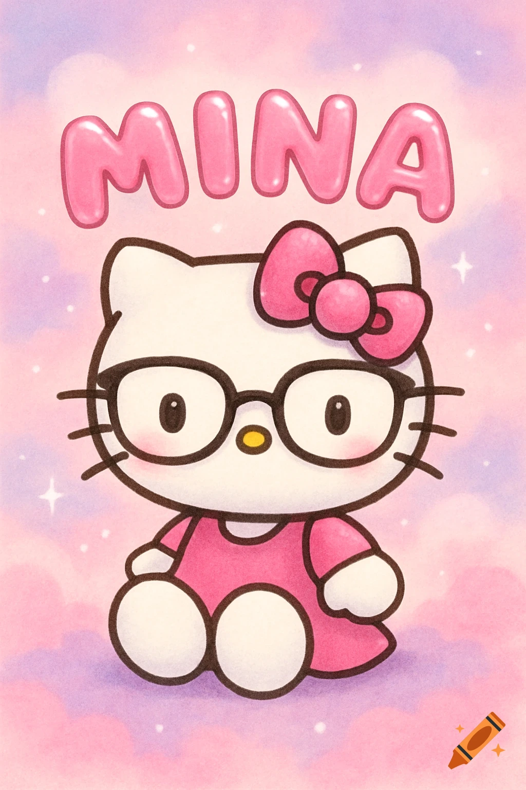 Cartoon of a Hello Kitty-like character wearing glasses and a pink dress, with the name 'MINA' in pink bubbly letters above, against a pastel cloud background.