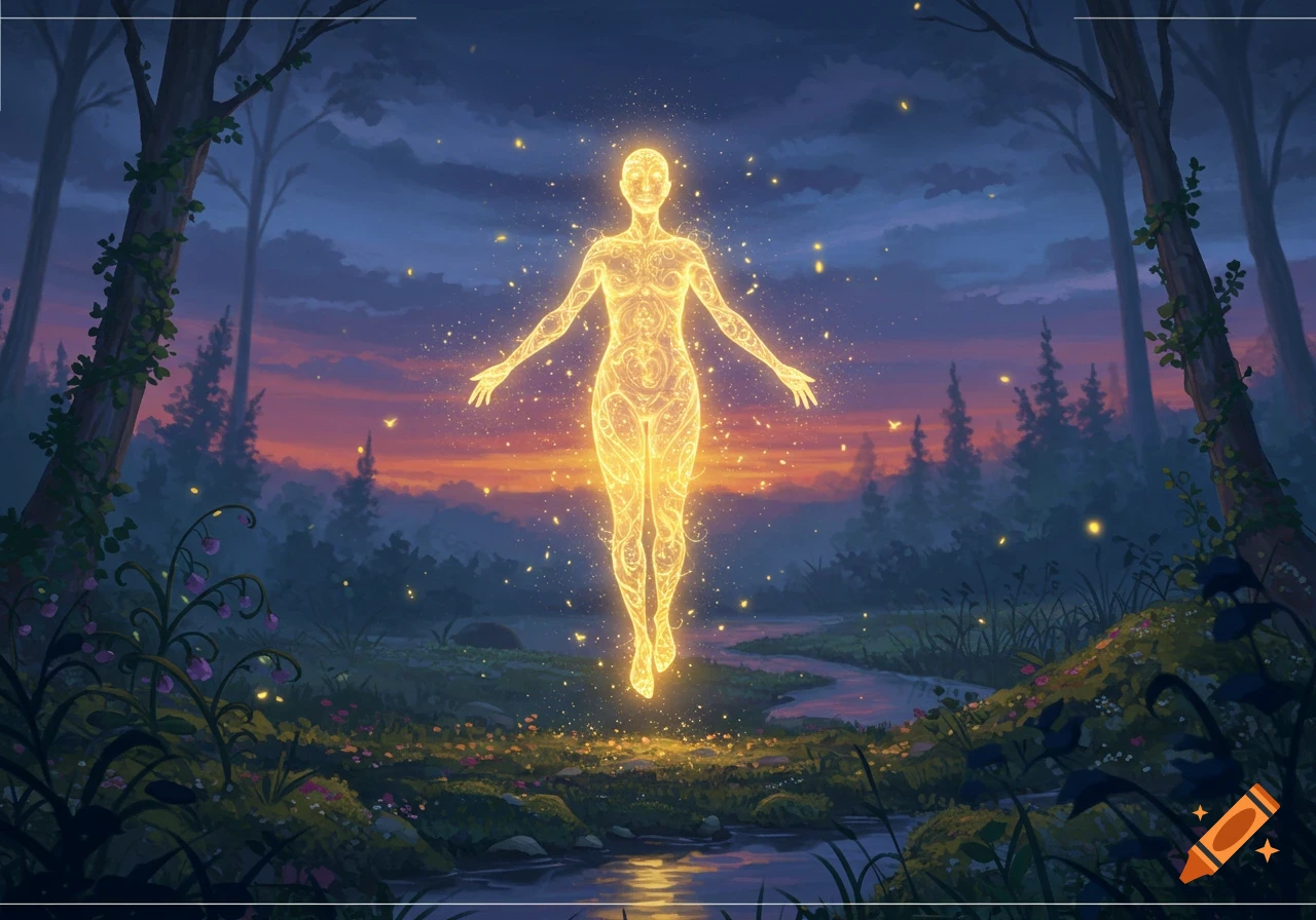 A glowing, ethereal spirit floats above a stream in a magical forest at sunset, in an illustrative fantasy art style.