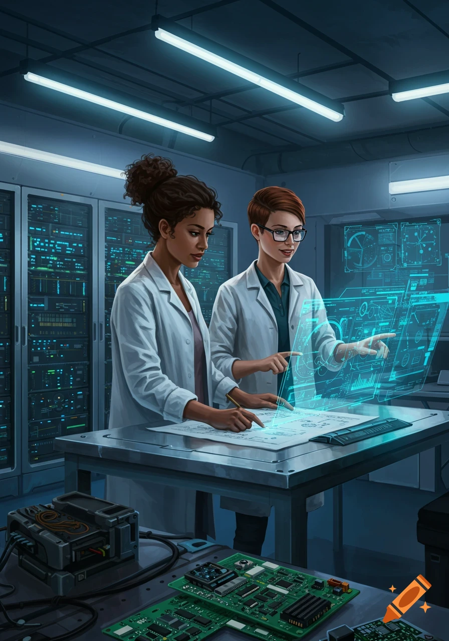 Two women engineers in lab coats working with a holographic display and circuit boards in a high-tech lab.