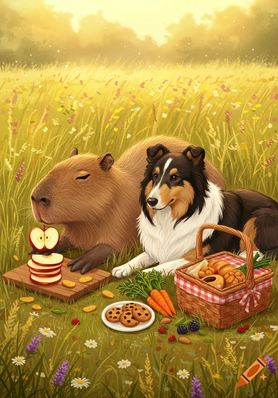 Whimsical illustration of a capybara and a collie enjoying a picnic with snacks in a sunny field.