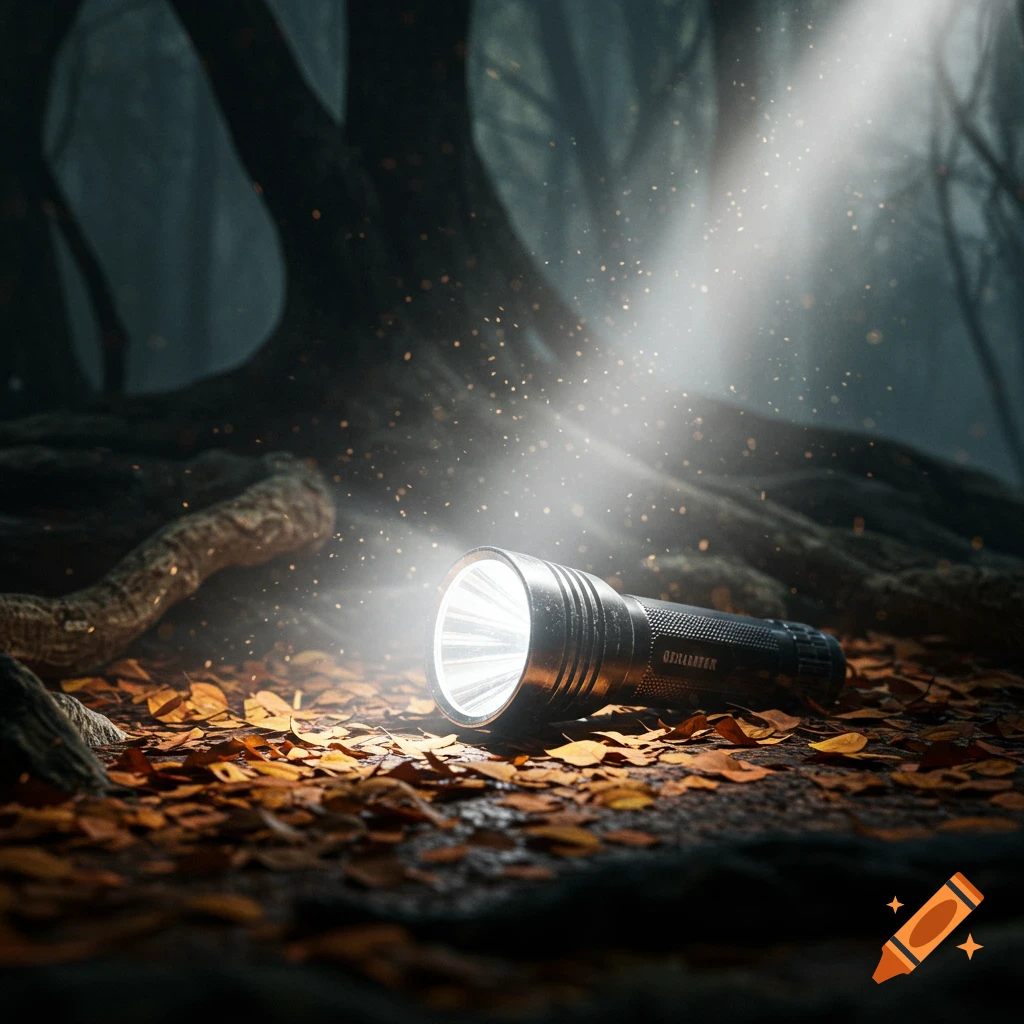 A flashlight lies on a bed of fallen leaves, its bright beam cutting through the misty, dark forest.