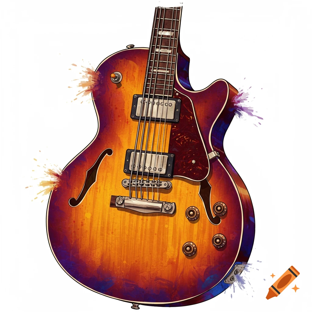 An electric guitar with an orange and purple watercolor style, featuring paint splatters on a white background.