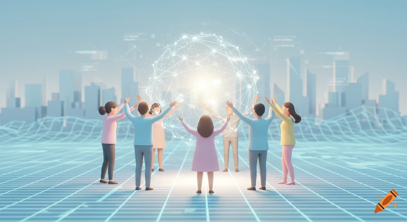 Stylized 3D illustration of diverse people surrounding and reaching up to a glowing digital network sphere in a futuristic city.
