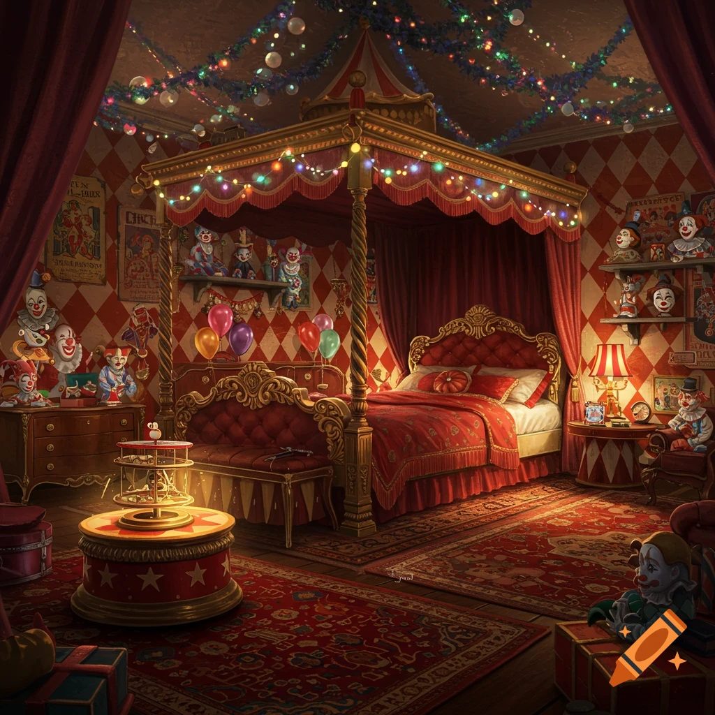 Lavish circus-themed bedroom with a red canopy bed, shelves of clown dolls, and festive string lights.