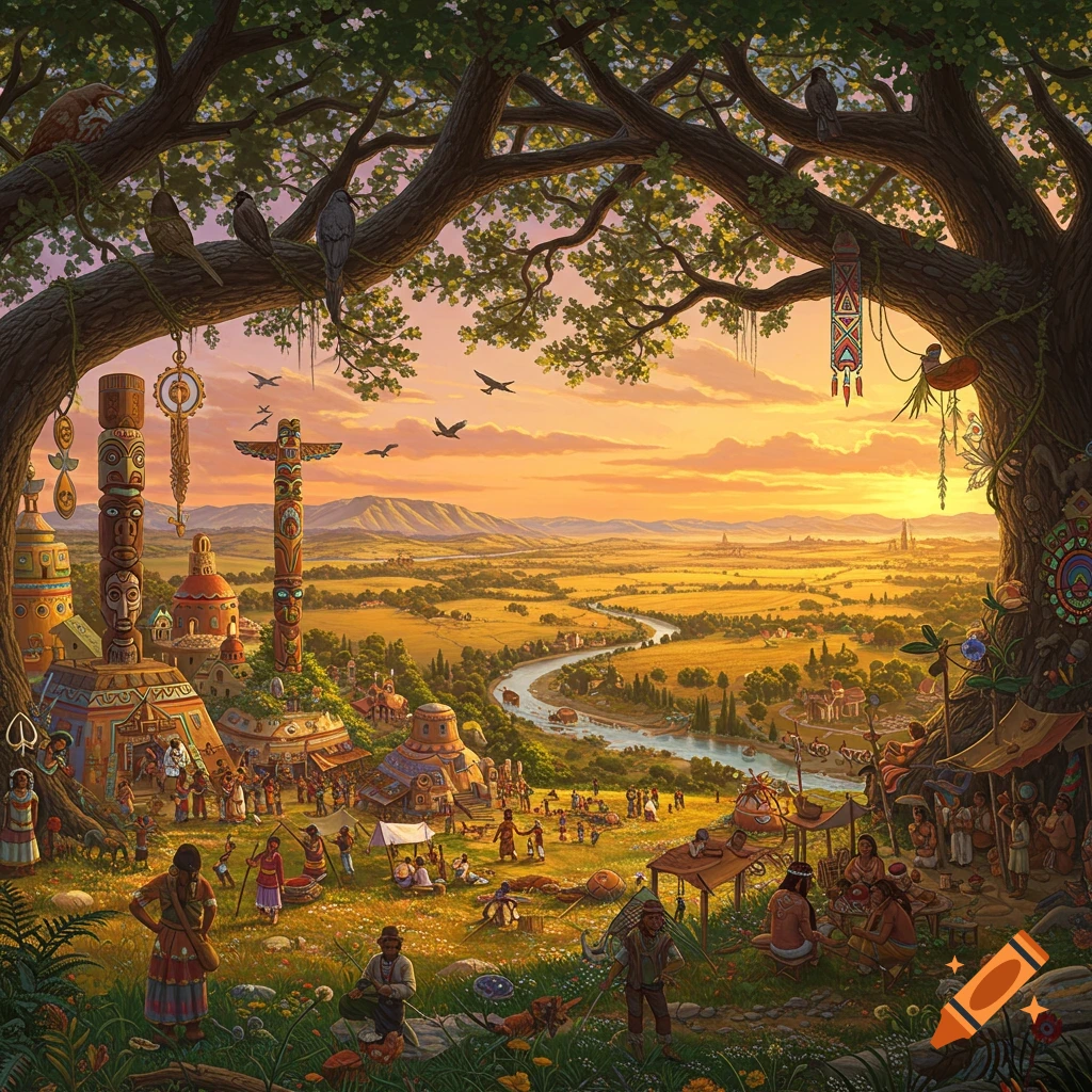 Vibrant painting of a utopian indigenous village under a large tree, overlooking a golden valley and river at sunset, with many people and traditional structures.