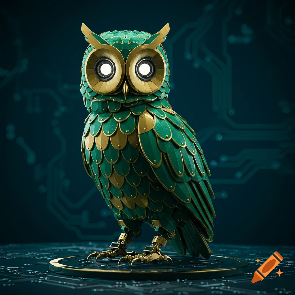 A detailed green and gold robotic owl stands on a circular base with circuit patterns, against a dark blue background.