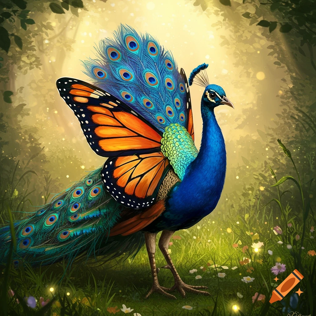 A vibrant peacock with monarch butterfly wings stands in a lush, sun-dappled magical forest.