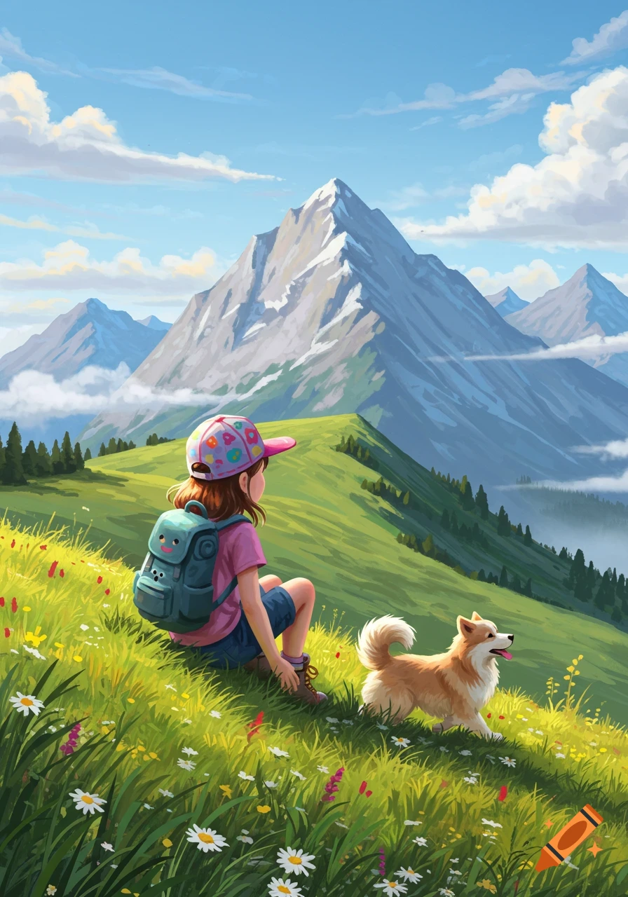 Illustrated scene of a young girl and a fluffy dog sitting on a grassy mountain slope, looking at snow-capped peaks under a blue sky.