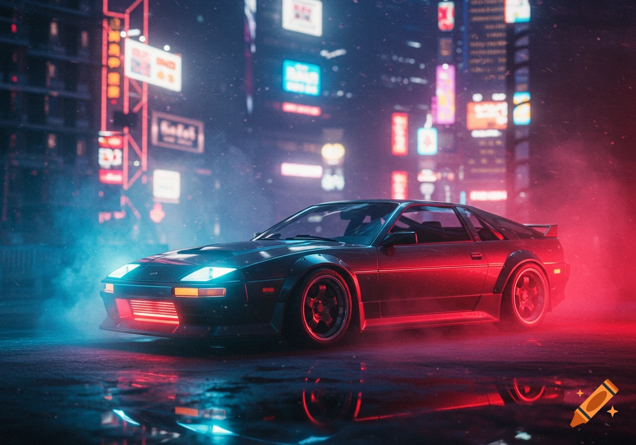 Dark sports car on a wet street at night, illuminated by glowing blue and red neon city lights and reflections.
