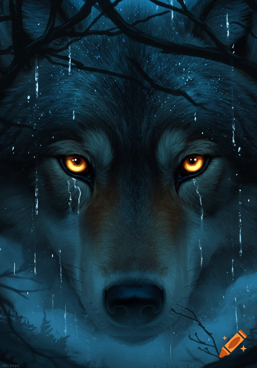 A close-up digital painting of a wolf's face in a dark, rainy forest, with glowing orange eyes.