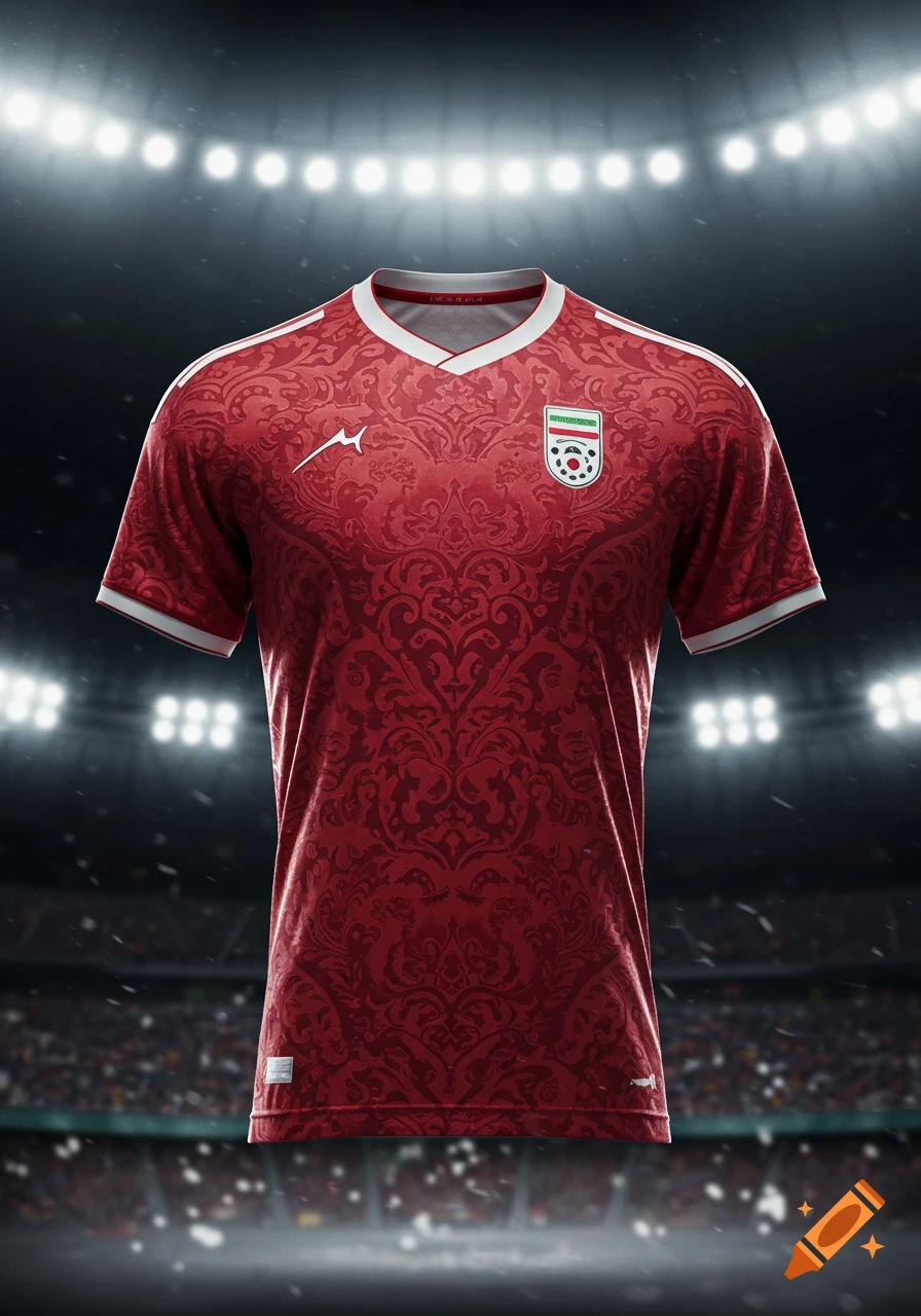 A red soccer jersey with a dark red patterned design, white collar, and white shoulder stripes, featuring the Iranian national team crest on the chest, set against a blurred stadium background with bright lights.