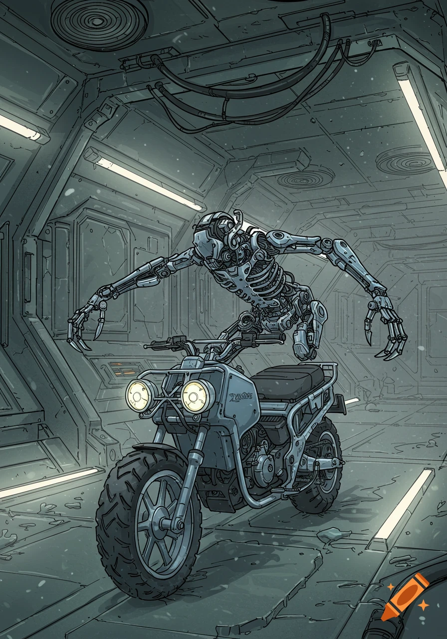 A comic book style illustration of a skeletal robot posing dramatically on a motorcycle in a desolate space station corridor.