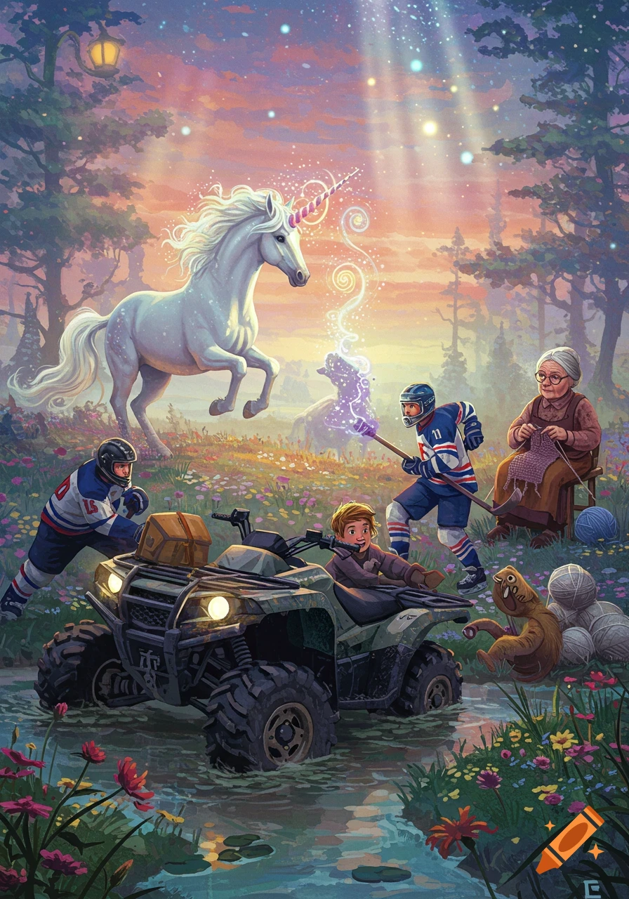 Colorful illustration of a unicorn using magic in a magical forest, with hockey players, a boy on an ATV stuck in water, and an old woman knitting.