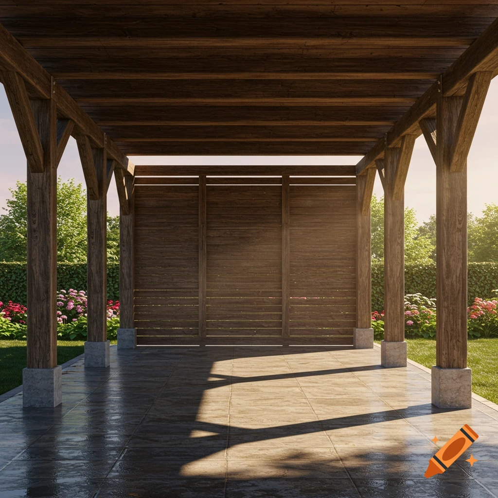 A rustic wooden pergola or carport in a sunny garden with lush green bushes, colorful flowers, and a tiled floor reflecting light.