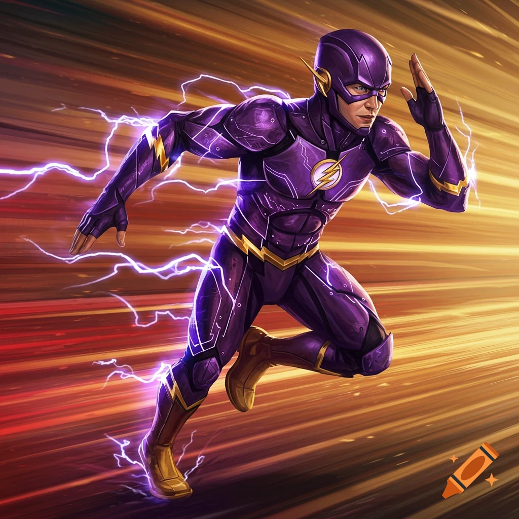 A male superhero in a purple suit with a gold lightning bolt emblem runs rapidly, surrounded by purple electricity and speed lines.