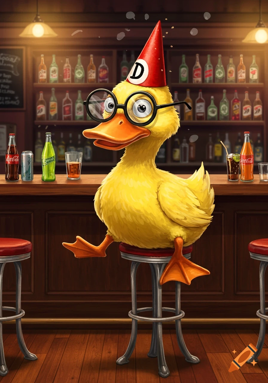 A nerdy yellow cartoon duck wearing a red dunce cap with a 'D' and black rimmed glasses sits on a barstool in a cozy bar setting, with bottles and drinks on the counter and shelves in the background.