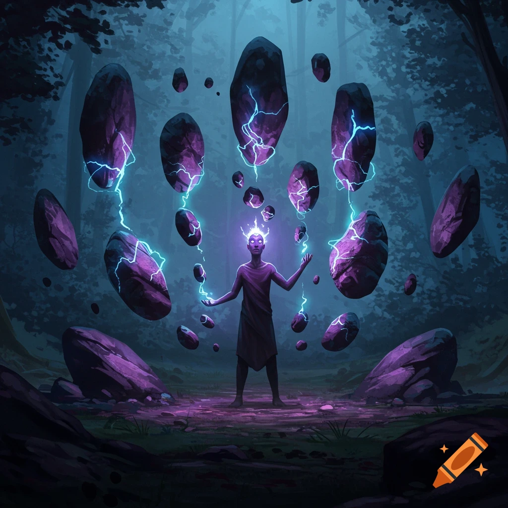 A mystical figure with glowing eyes and hands levitates numerous purple, glowing rocks in a dark forest, digital art.