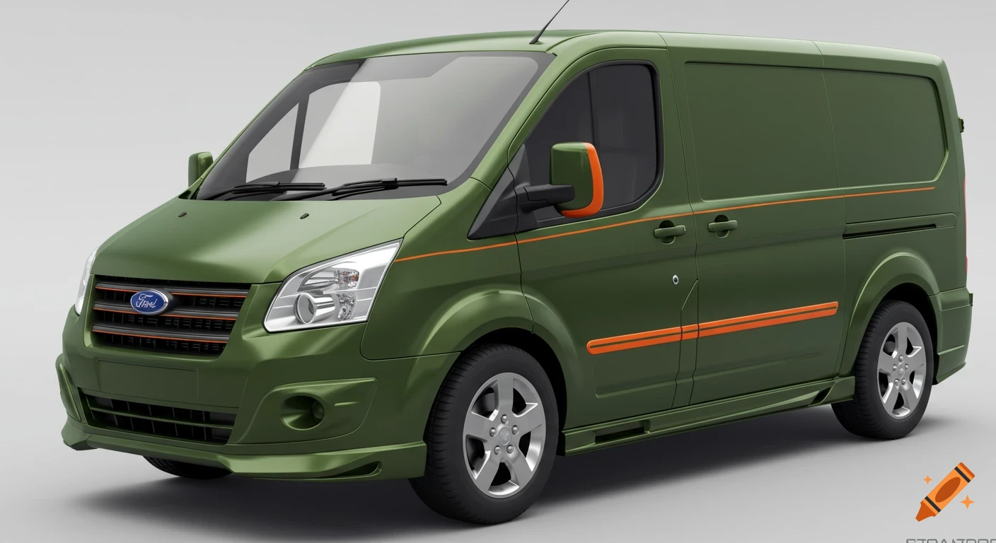 Photorealistic olive green Ford Transit van with orange accents, viewed from the front quarter.