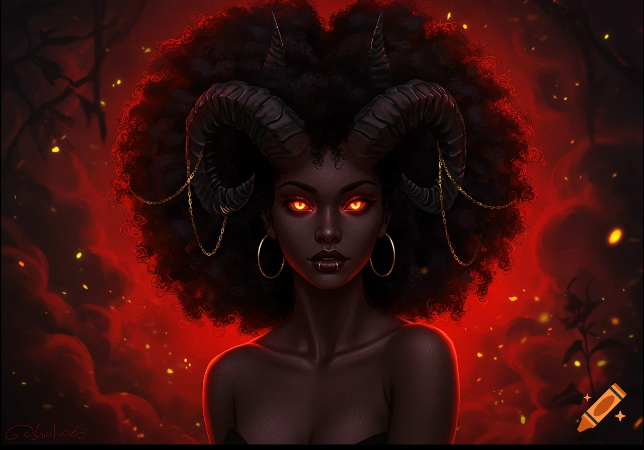 Digital art portrait of a dark-skinned demon girl with curly afro hair, large ram horns, glowing red eyes, and a fiery red background.