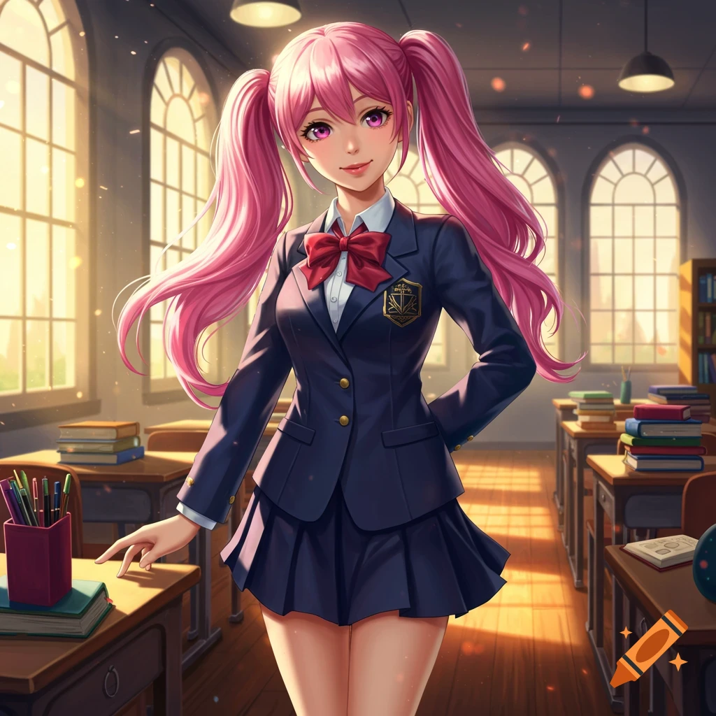 Anime girl with pink pigtails in a dark blue school uniform and red bow, standing in a sunlit classroom.