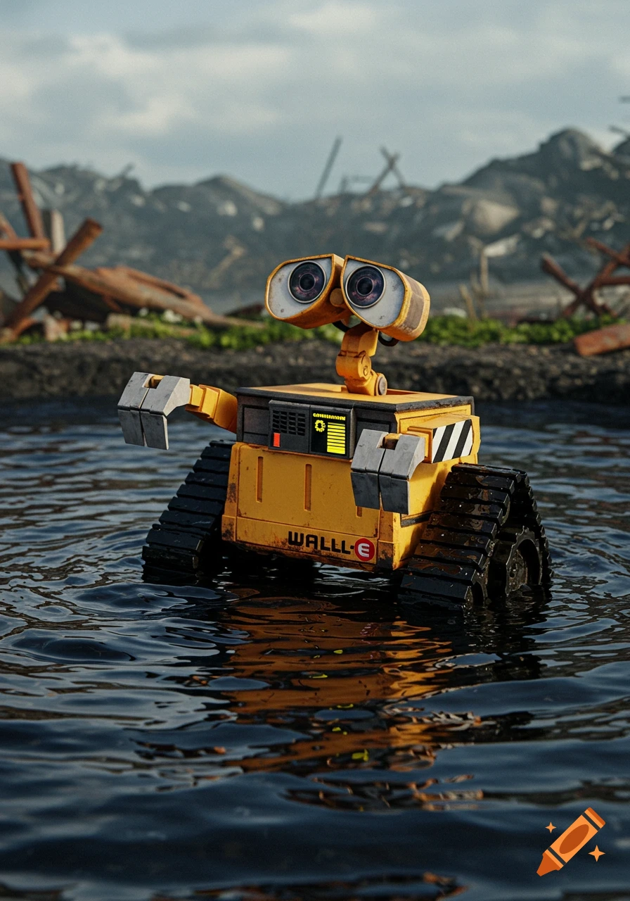 A photorealistic image of the robot WALL-E partially submerged in dark water, surrounded by a desolate landscape of scrap and debris.
