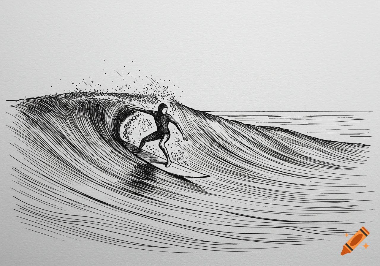 Minimalist black and white line drawing of a surfer riding a large wave.