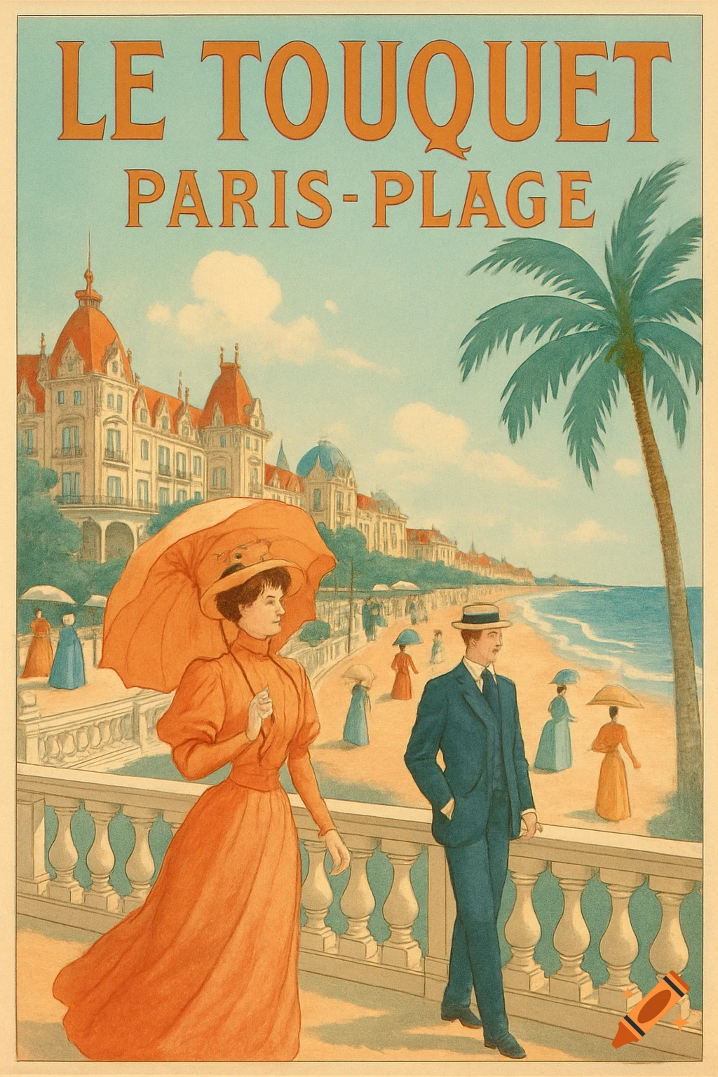A vintage travel poster for Le Touquet Paris-Plage, featuring people on a boardwalk, grand hotels, a beach, and a palm tree.