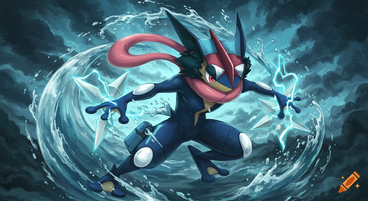 Greninja in a dynamic action pose, surrounded by swirling water and lightning, holding two ice shurikens. Illustrated style.