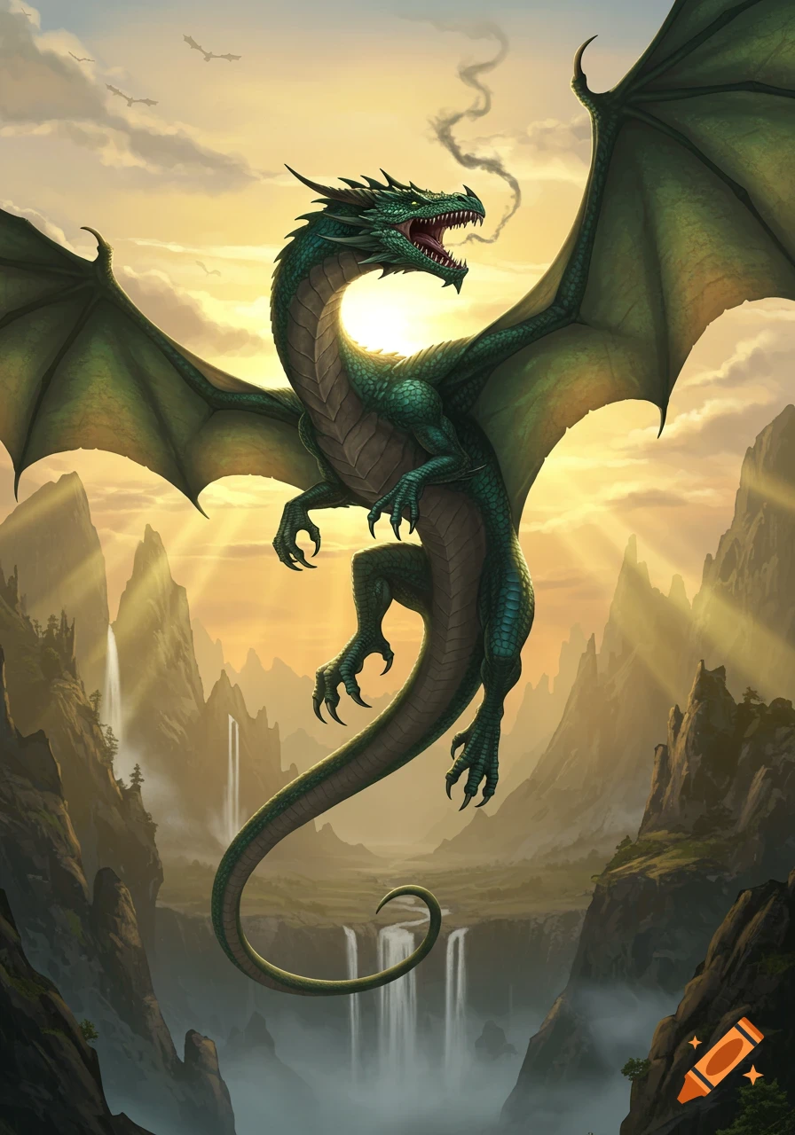 A majestic green dragon with large wings flies over a fantasy mountain landscape with waterfalls at sunset, smoke rising from its mouth.