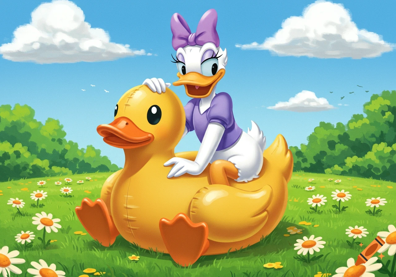 Daisy Duck rides a large yellow rubber duck in a sunny field of white daisies. Cartoon illustration.