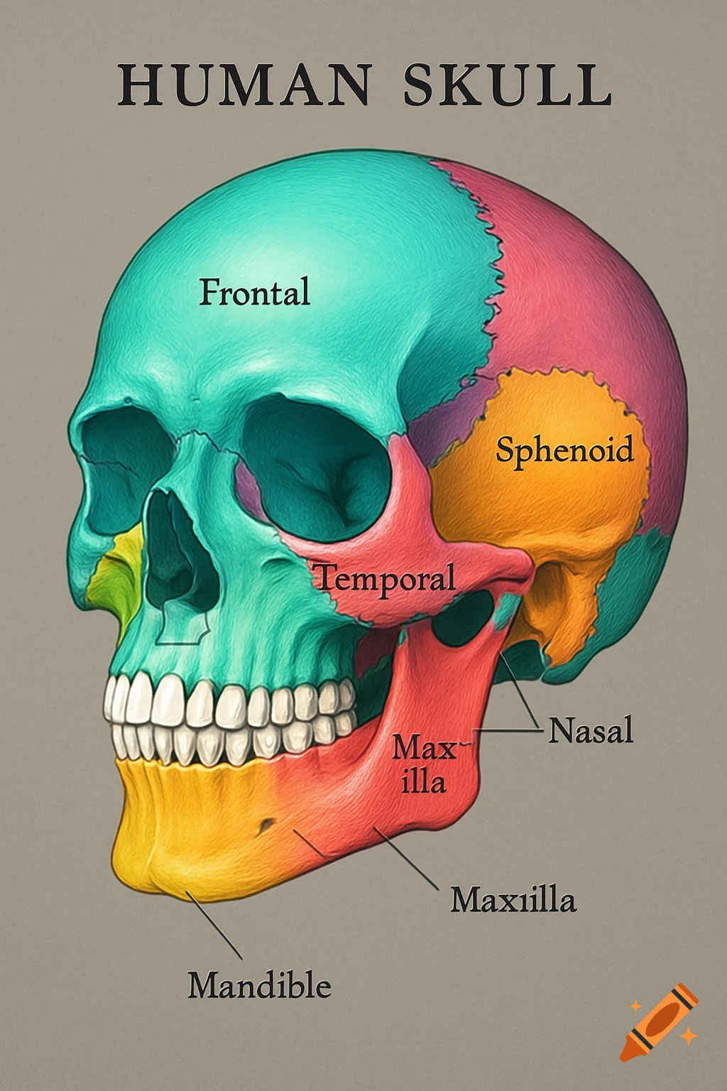 A colorful diagram of a human skull, viewed from the side, with various bones labeled including Frontal, Sphenoid, Temporal, Nasal, Maxilla, and Mandible.