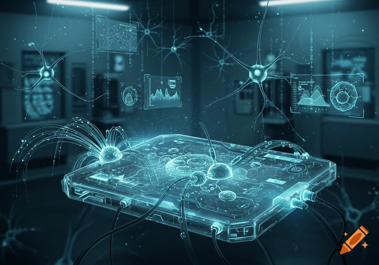 A futuristic glowing interface connects a neural network and biological elements. Holographic data displays float in a dark, teal-lit environment.