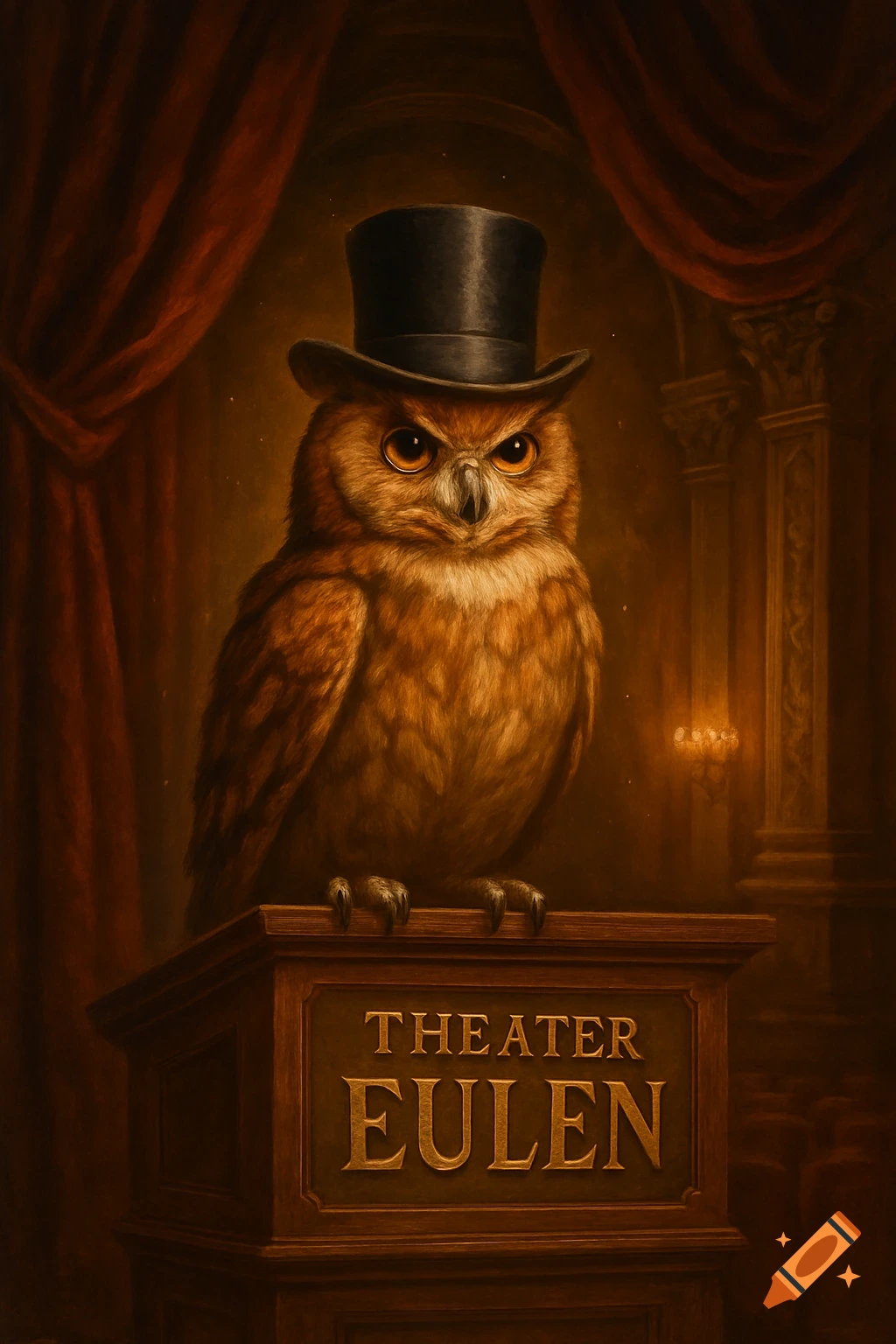 A detailed painting of a brown owl wearing a black top hat, standing on a wooden podium that reads 'THEATER EULEN' in a dimly lit theater.