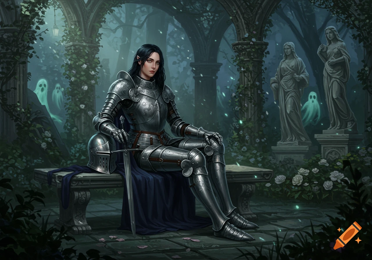 Lady knight in full armor sits on a stone bench in a dark, overgrown gothic garden with statues and glowing ghosts.