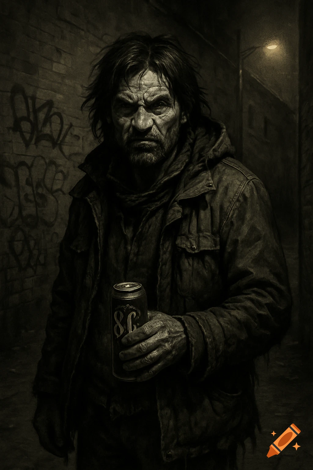 Gritty portrait of a stern, disheveled man holding an 8.6 beer can in a dark, graffiti-covered alley at night.