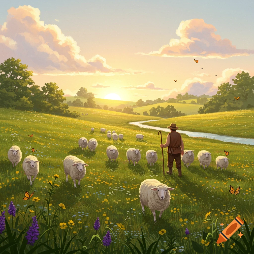 A shepherd with his flock of sheep walks through a vibrant green field filled with wildflowers at sunset, with a winding river and trees.