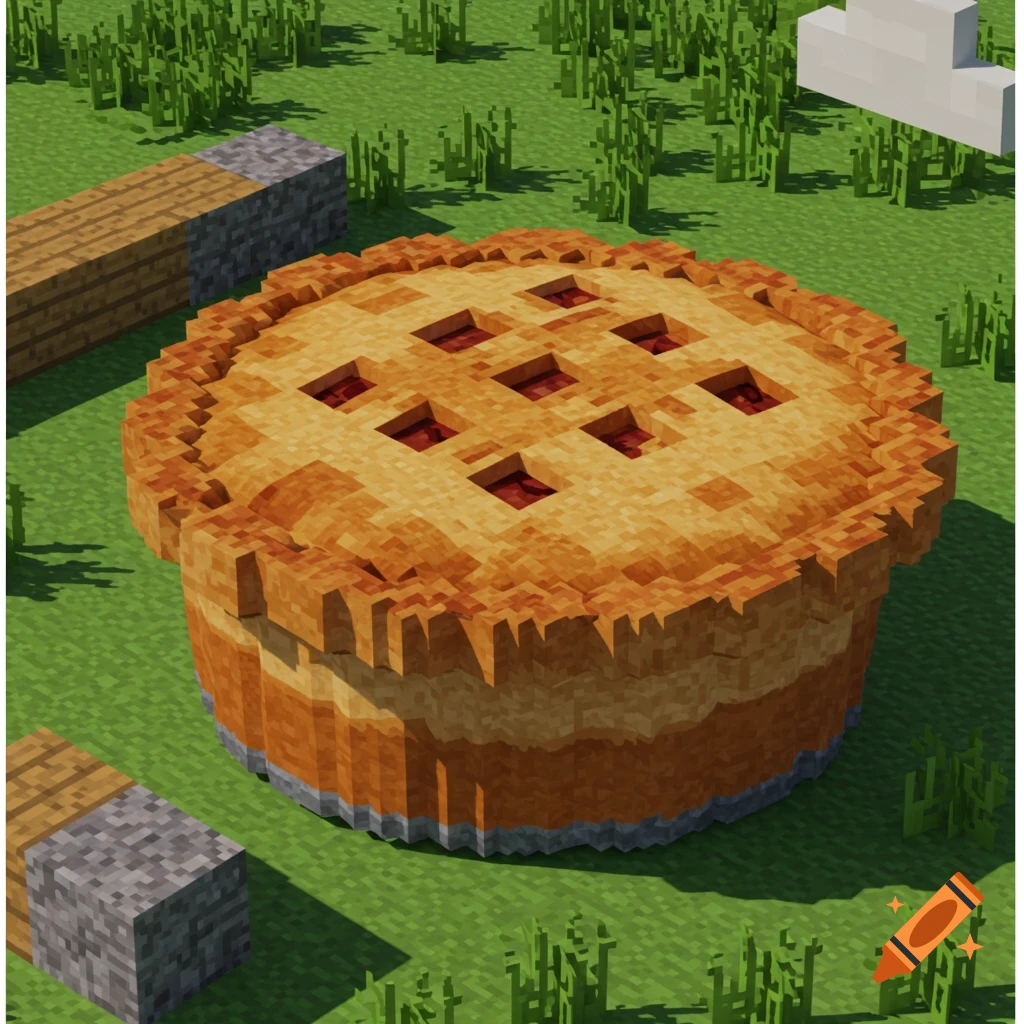 A large pixel art meat pie with a lattice crust on green blocky grass, with wood and stone blocks nearby, in a Minecraft style.