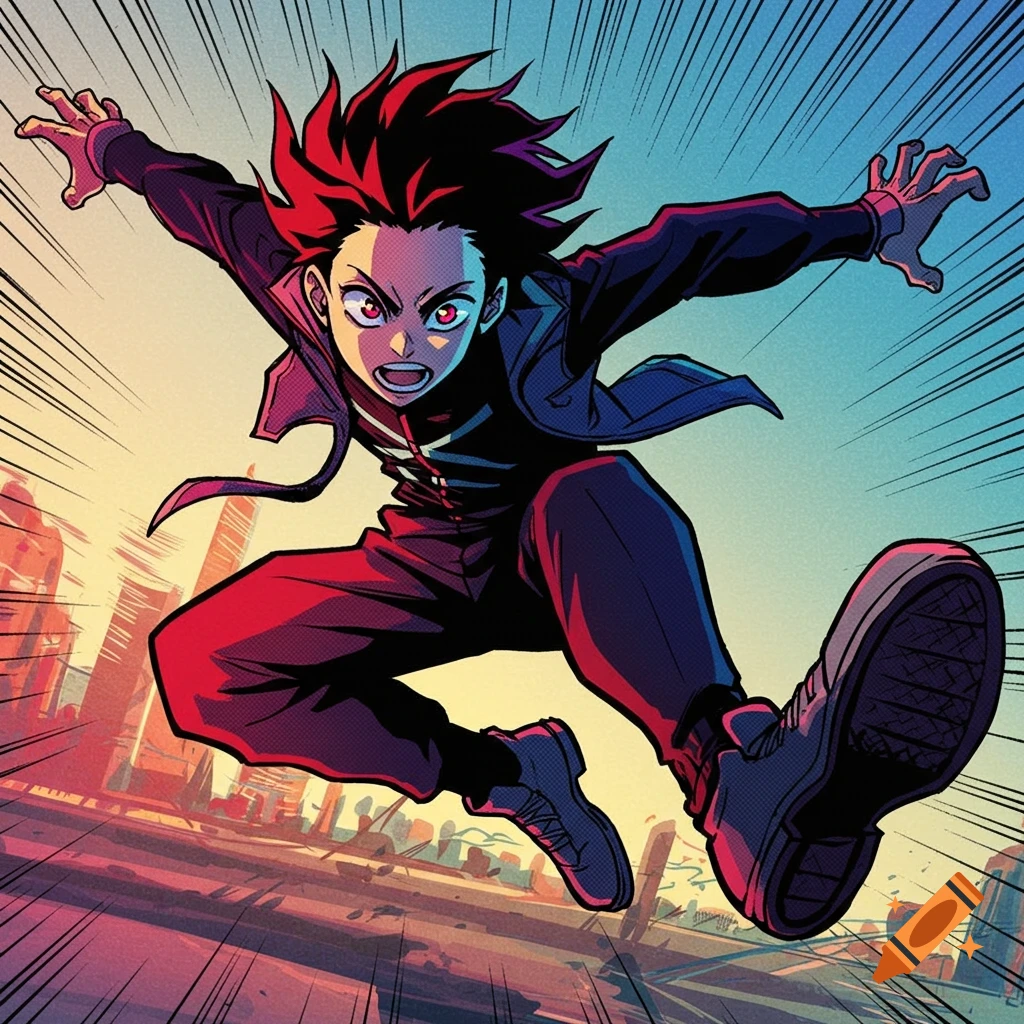 Manga-style character with red spiky hair jumping in a dynamic pose over a cityscape at sunset.