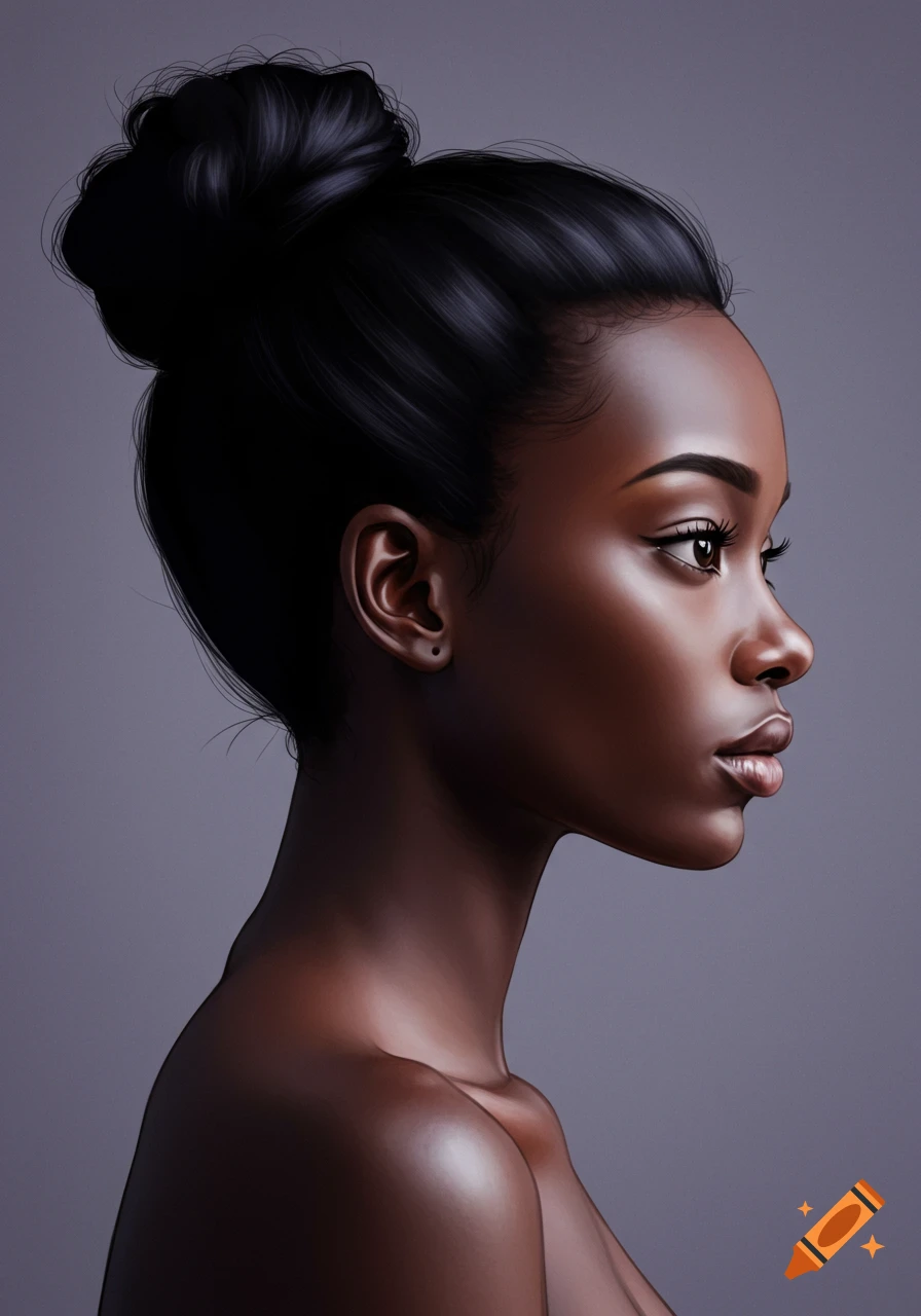 Close-up side profile of a beautiful young woman with dark skin and dark hair in a bun.
