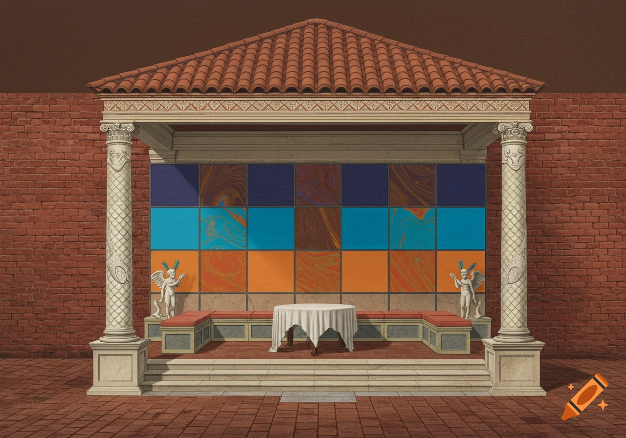 A detailed illustration of a classical pavilion with a terracotta roof, white columns, brick walls, and a tiled back wall.