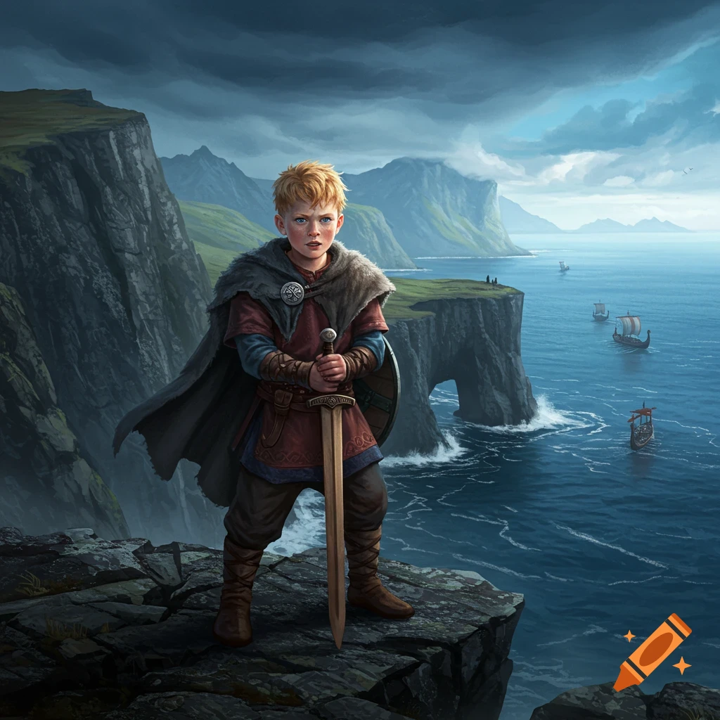 A young Viking boy in furs stands on a rugged cliff, holding a sword and shield, overlooking stormy seas with longships in a digital painting.