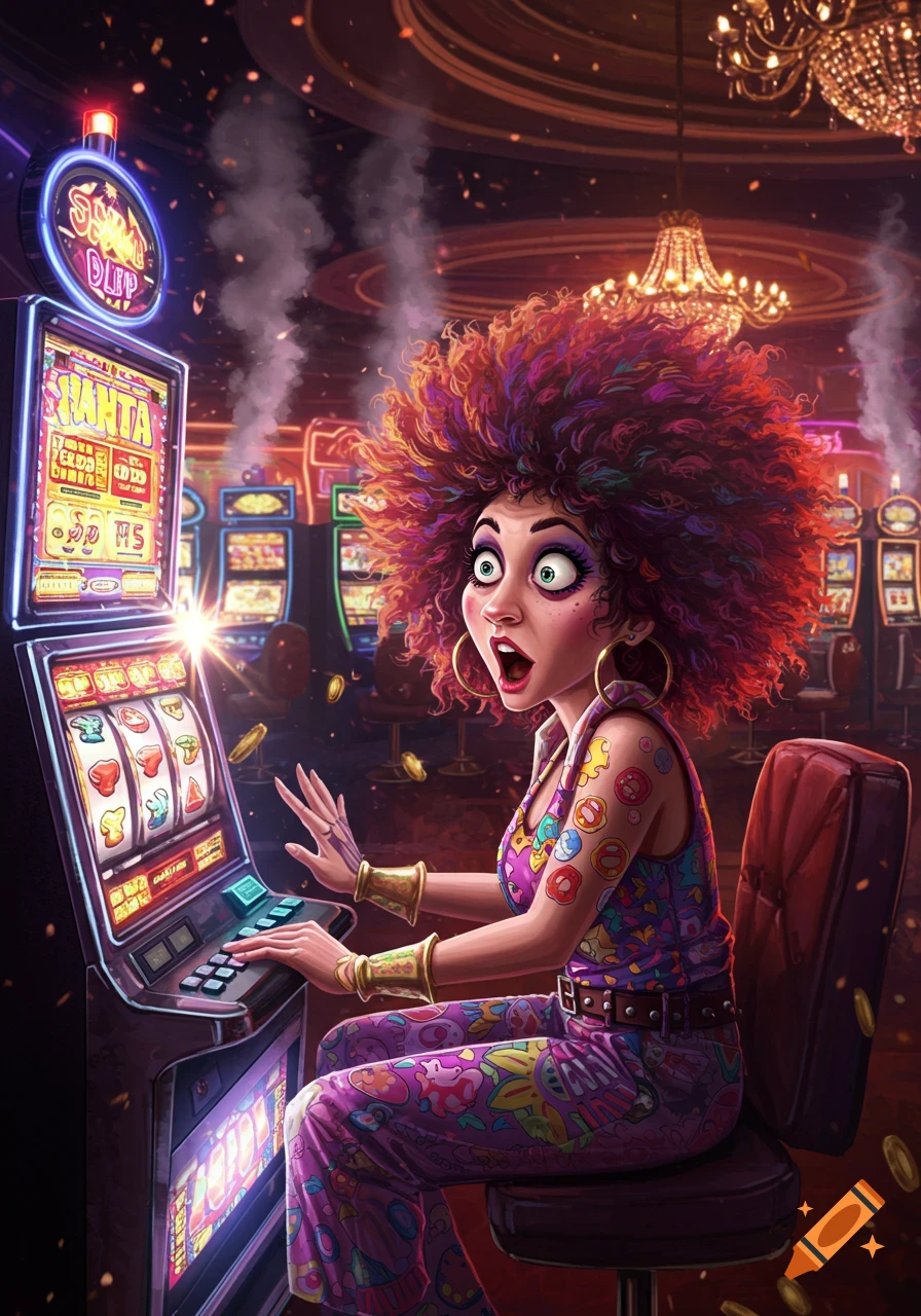 A vibrant, cartoon-style illustration of a woman with large, curly hair excitedly playing a slot machine in a dark, glowing casino.