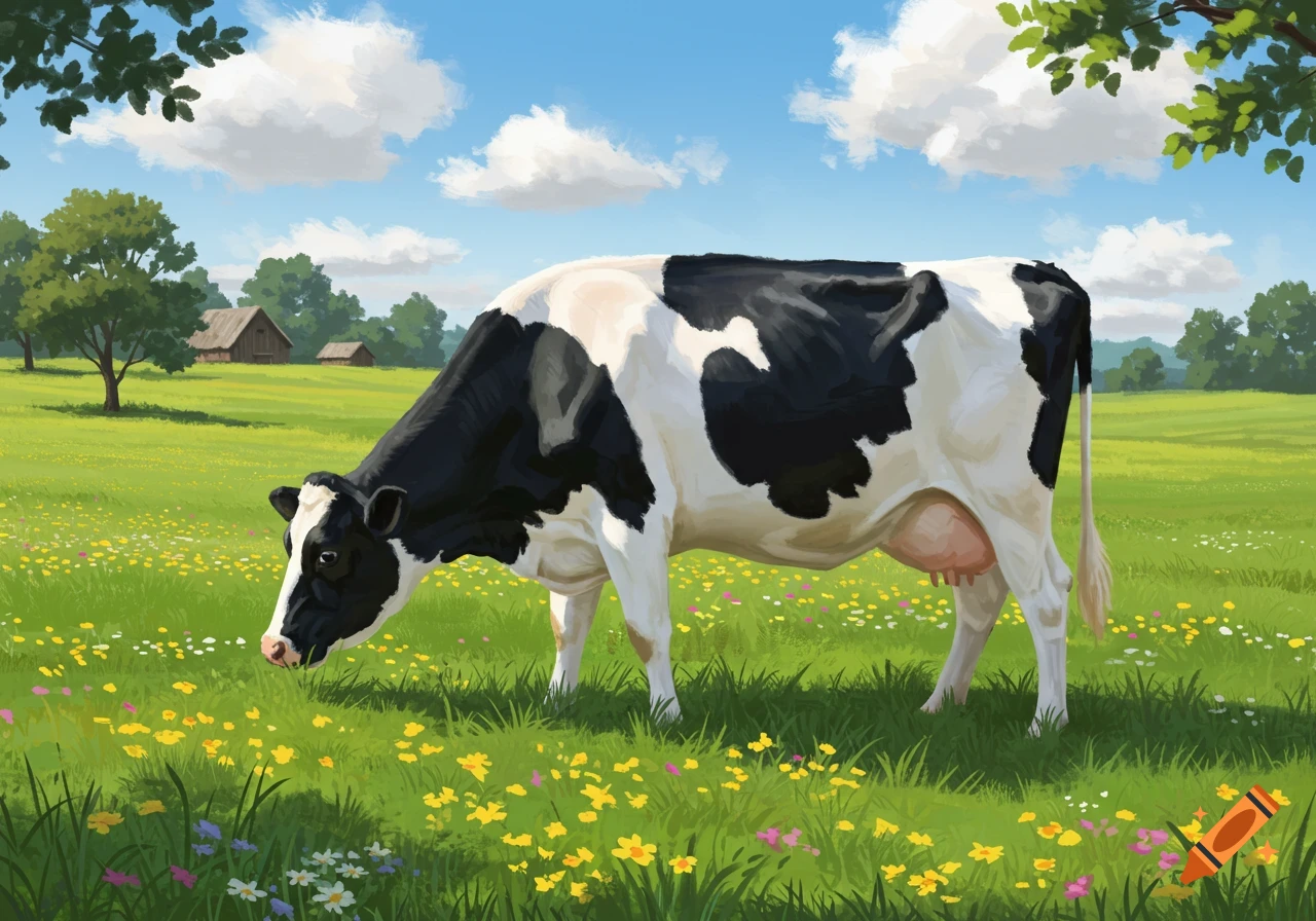 A black and white cow grazes in a sunny green meadow with colorful wildflowers, barns and trees in the background, in an illustration style.
