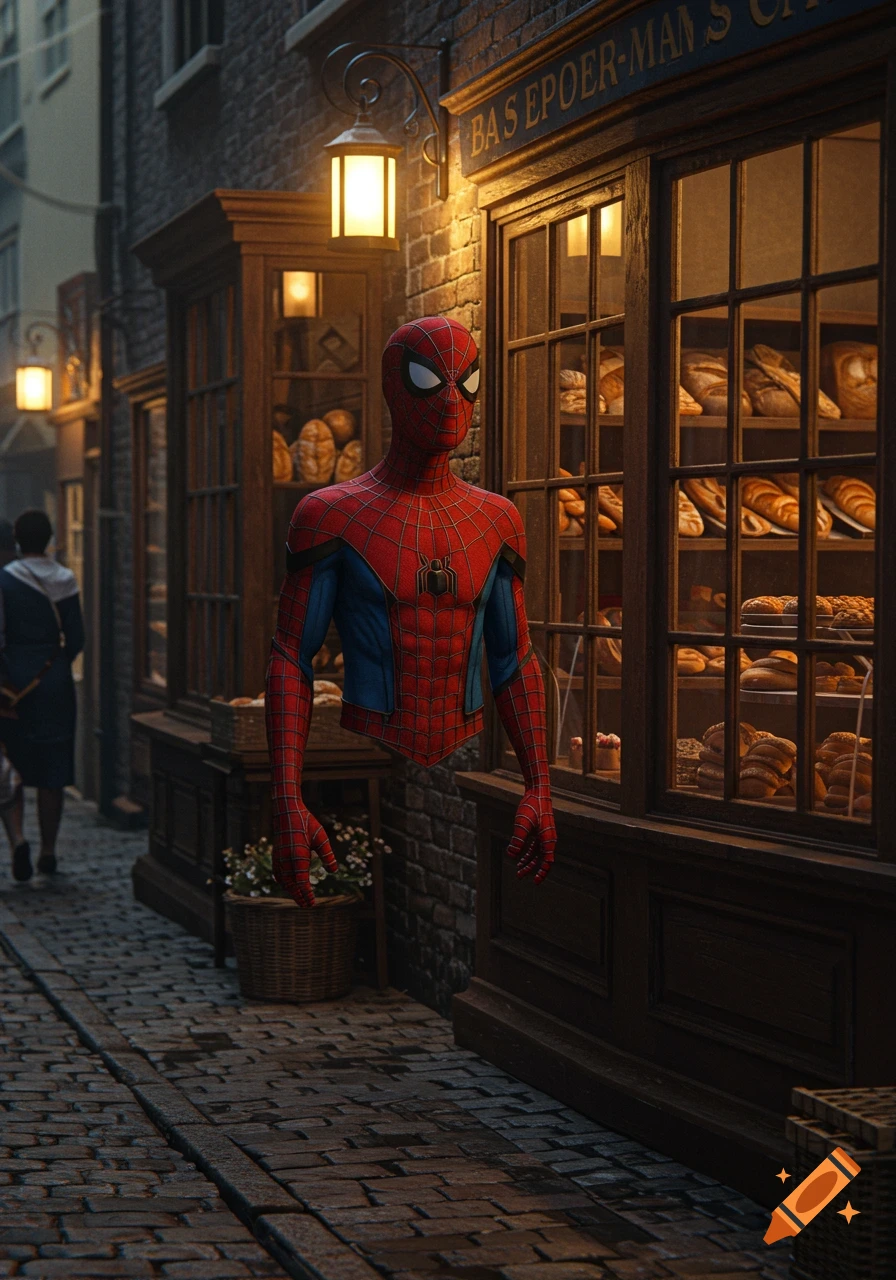 An empty Spider-Man suit floats in a pose on a cobblestone street in front of a warmly lit bakery shop.