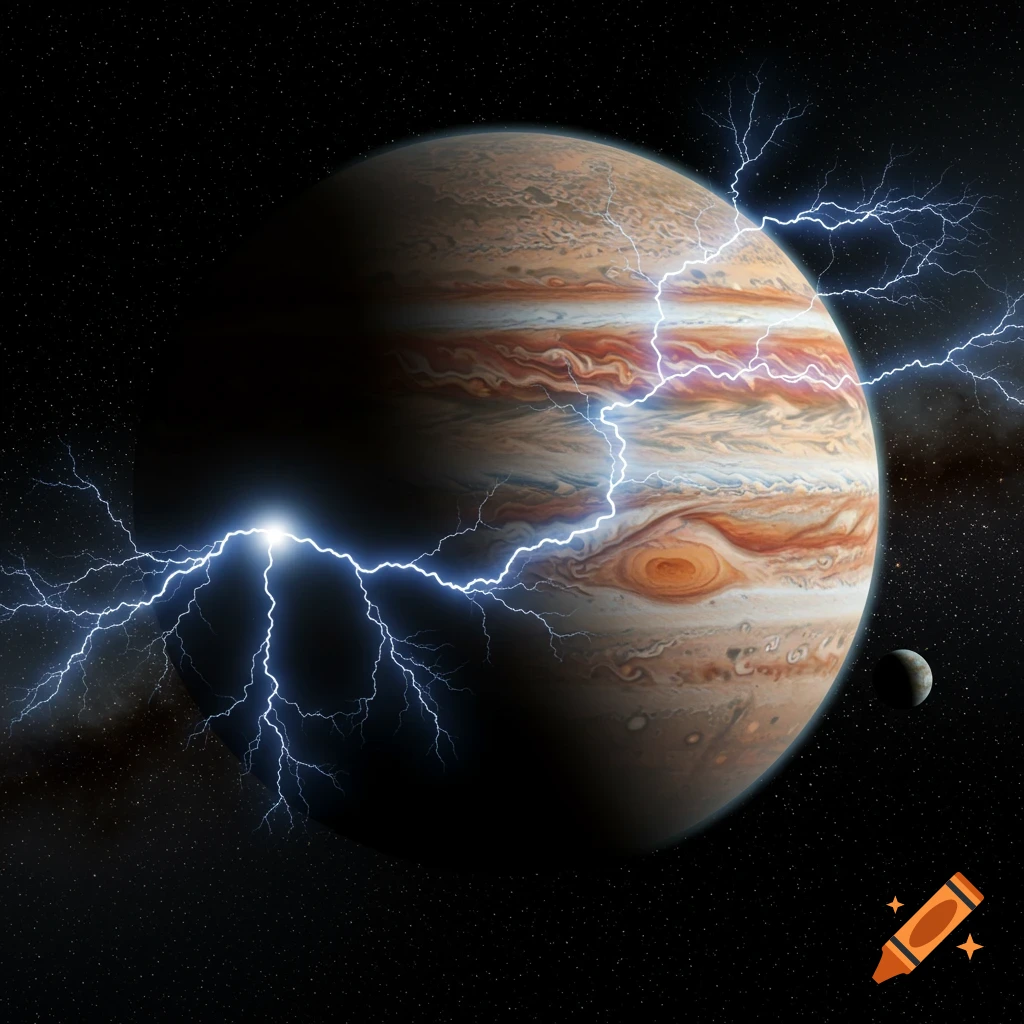 A photorealistic depiction of Jupiter, showing its striped atmosphere and lightning bolts arcing across its surface, with a small moon and stars in the background.