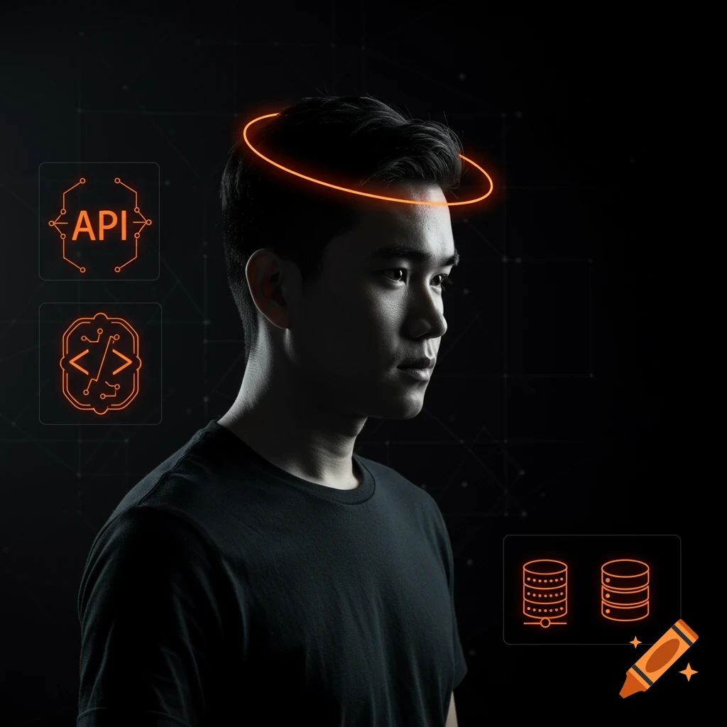 Photorealistic portrait of a man with an orange glowing halo, surrounded by tech icons representing API, code, and databases.