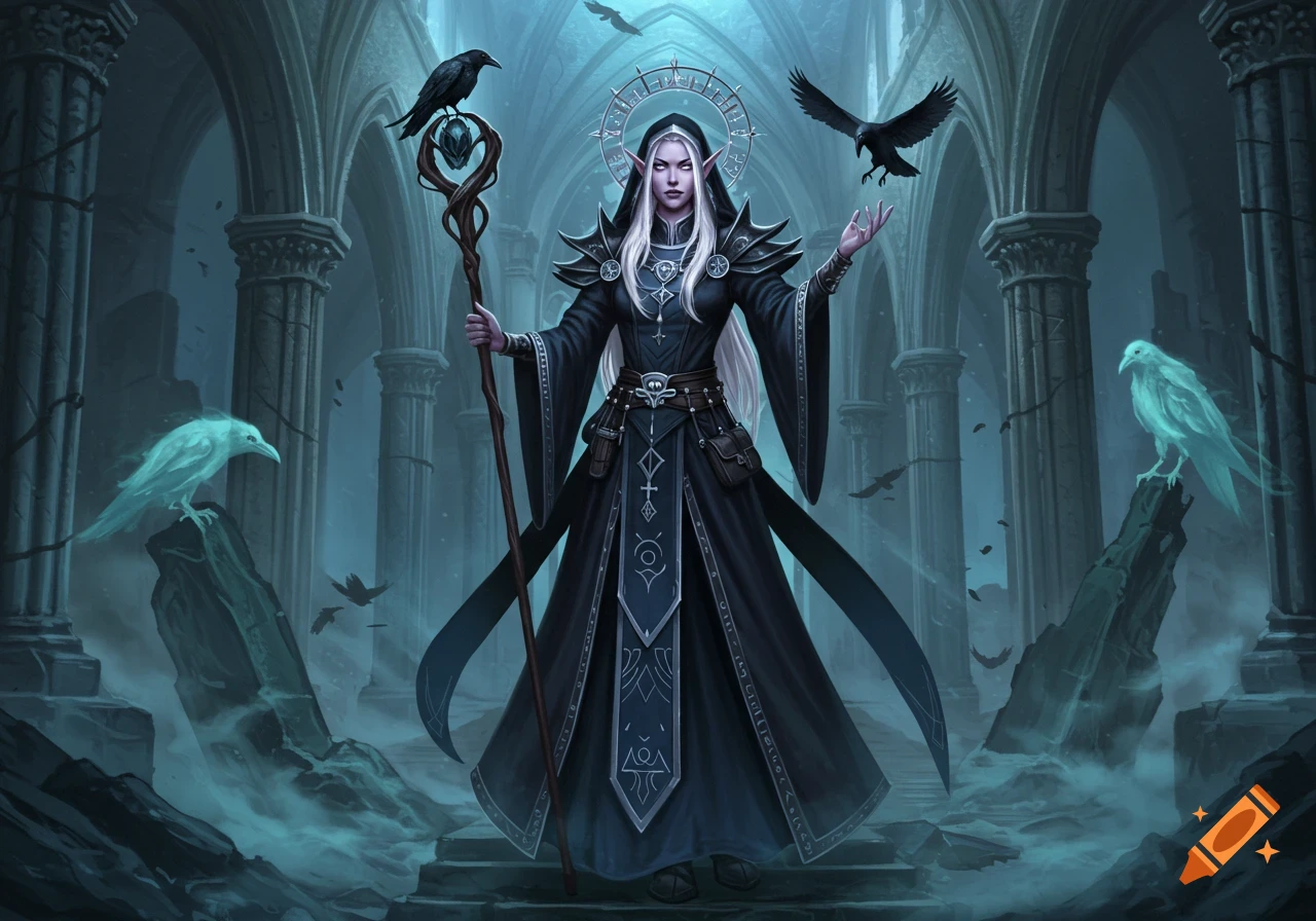 A dark fantasy digital painting of an elf cleric with white hair, holding a staff, surrounded by ravens in a ruined gothic cathedral.