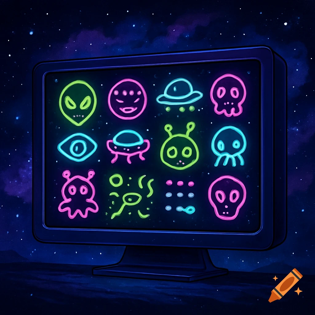 A computer monitor displays a grid of glowing, neon alien symbols against a dark, starry night sky.