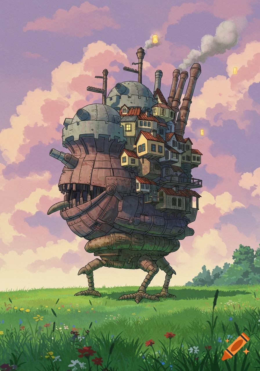 Howl's Moving Castle, a whimsical mechanical structure with houses, walks across a green field under a pastel sky in anime style.